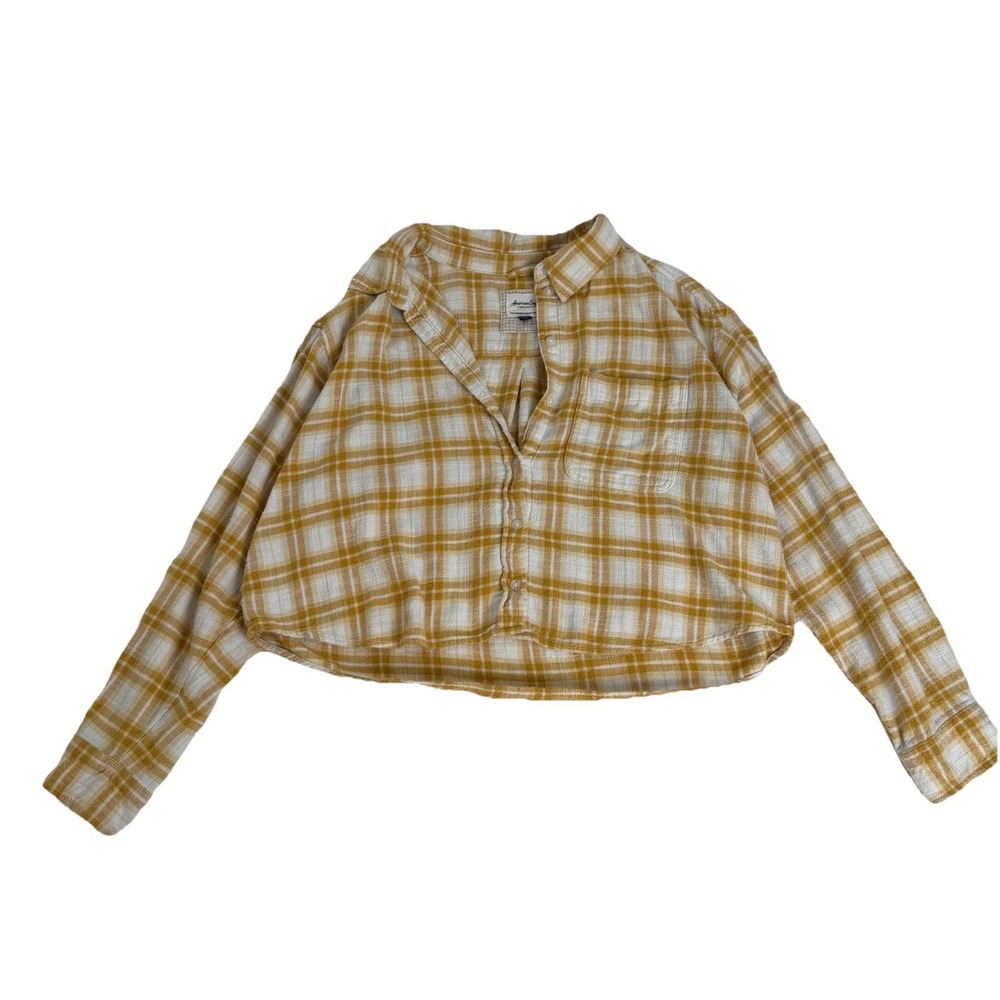 American Eagle Plaid Flannel Shirt Cropped Yellow Button Down Heritage Cabin L
